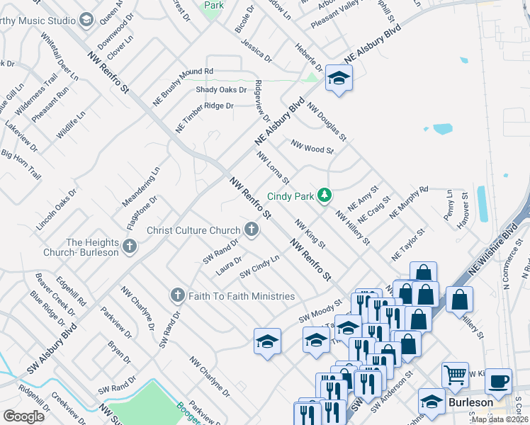 map of restaurants, bars, coffee shops, grocery stores, and more near 617 Northwest Renfro Street in Burleson