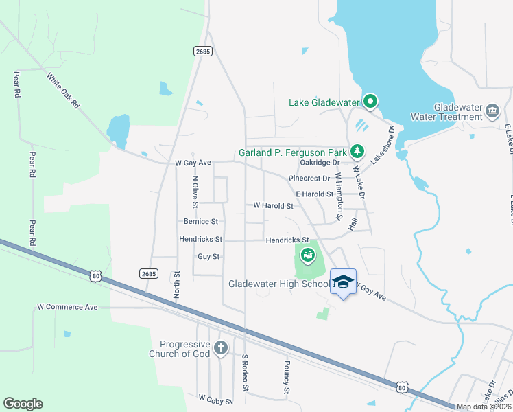 map of restaurants, bars, coffee shops, grocery stores, and more near 2604 West Hampton Street in Gladewater