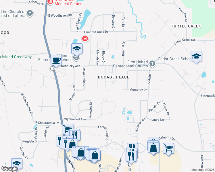 map of restaurants, bars, coffee shops, grocery stores, and more near 2206 Lily Drive in Ruston