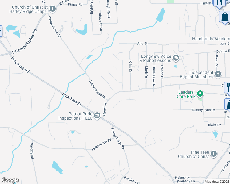 map of restaurants, bars, coffee shops, grocery stores, and more near 809 Crepe Myrtle Lane in Longview