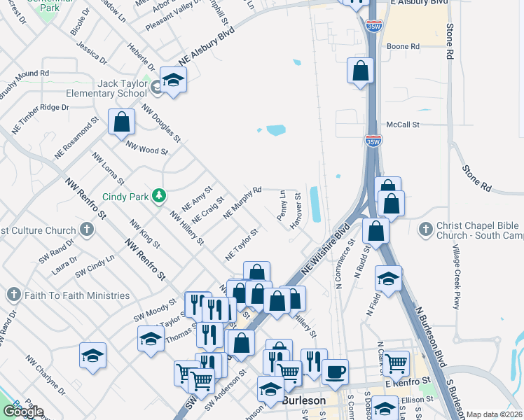 map of restaurants, bars, coffee shops, grocery stores, and more near 400 Northeast Murphy Road in Burleson