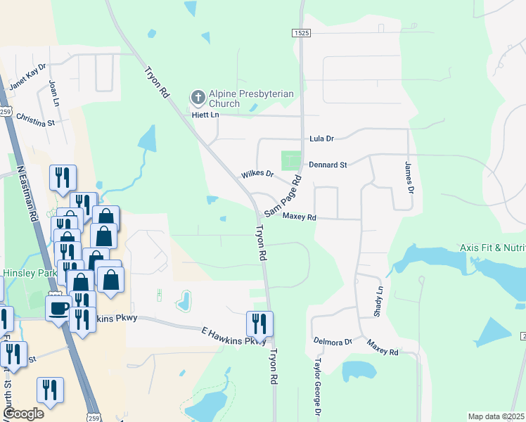 map of restaurants, bars, coffee shops, grocery stores, and more near 103 Dickard Trail in Longview