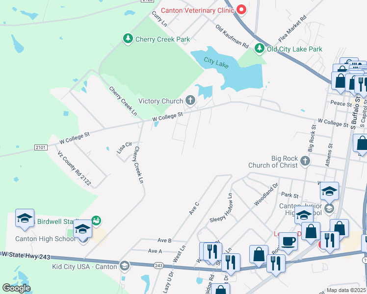 map of restaurants, bars, coffee shops, grocery stores, and more near 1201 West College Street in Canton