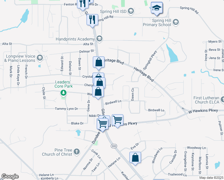 map of restaurants, bars, coffee shops, grocery stores, and more near 3603 Bonnie Street in Longview
