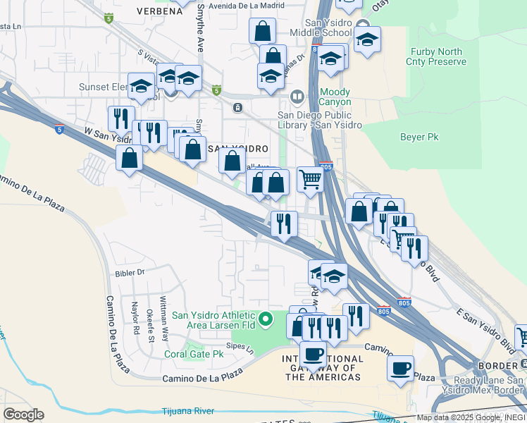 map of restaurants, bars, coffee shops, grocery stores, and more near 115 West Park Avenue in San Diego