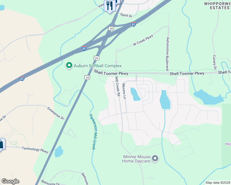 map of restaurants, bars, coffee shops, grocery stores, and more near 2608 Mill Creek Road in Auburn