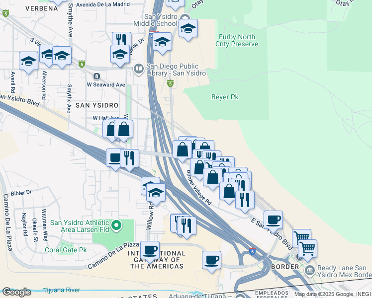 map of restaurants, bars, coffee shops, grocery stores, and more near Center Street in San Diego