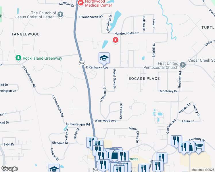 map of restaurants, bars, coffee shops, grocery stores, and more near 2201-2313 Royal Oaks Drive in Ruston