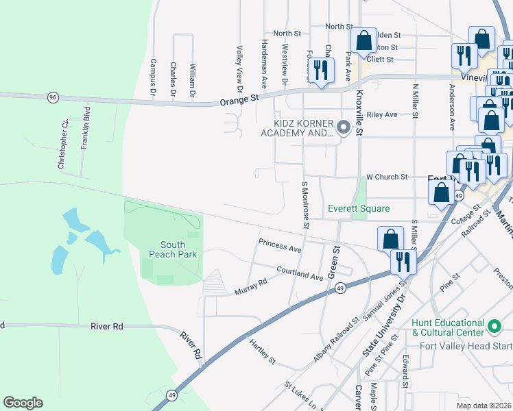 map of restaurants, bars, coffee shops, grocery stores, and more near 205 Brooks Boulevard in Fort Valley