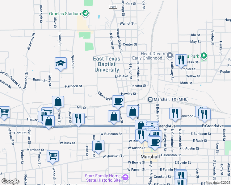 map of restaurants, bars, coffee shops, grocery stores, and more near 803 Tardy in Marshall