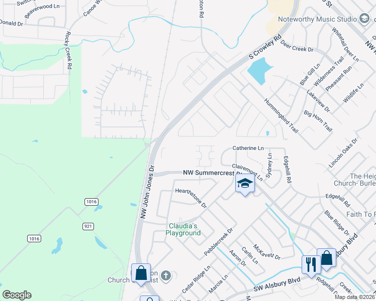 map of restaurants, bars, coffee shops, grocery stores, and more near 1320 Northwest Summercrest Boulevard in Burleson