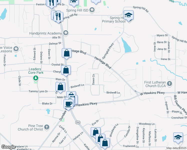 map of restaurants, bars, coffee shops, grocery stores, and more near 27 Dawn Circle in Longview