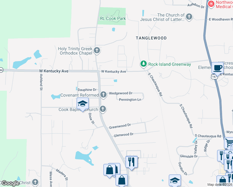 map of restaurants, bars, coffee shops, grocery stores, and more near 1098 Pennington Lane in Ruston