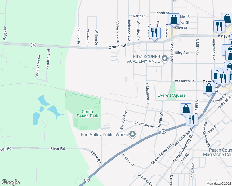 map of restaurants, bars, coffee shops, grocery stores, and more near 312 Warwick Avenue in Fort Valley