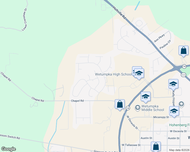 map of restaurants, bars, coffee shops, grocery stores, and more near 176 Barnes Court in Wetumpka