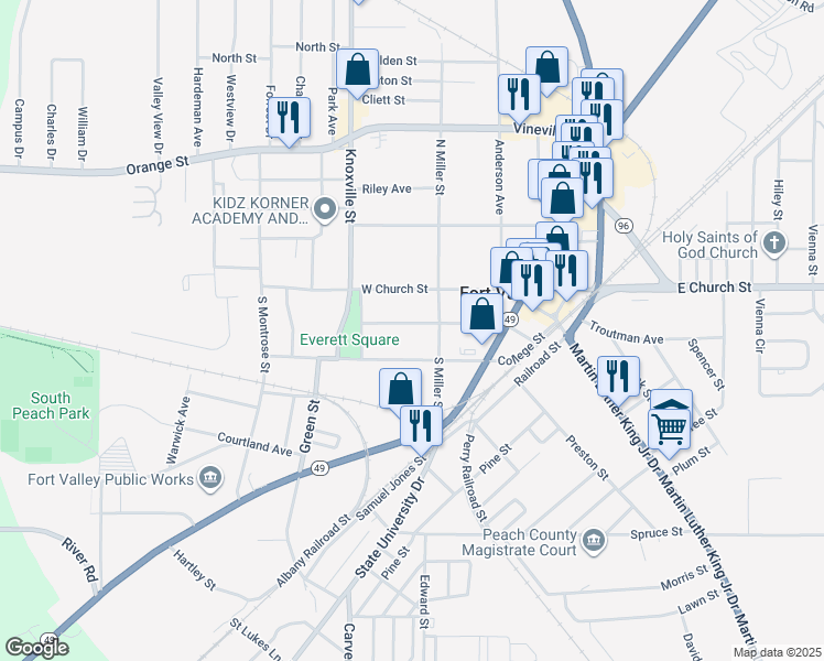 map of restaurants, bars, coffee shops, grocery stores, and more near 304 Central Avenue in Fort Valley