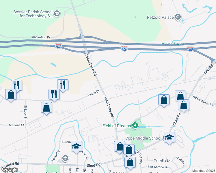 map of restaurants, bars, coffee shops, grocery stores, and more near 4705 Viking Drive in Bossier City