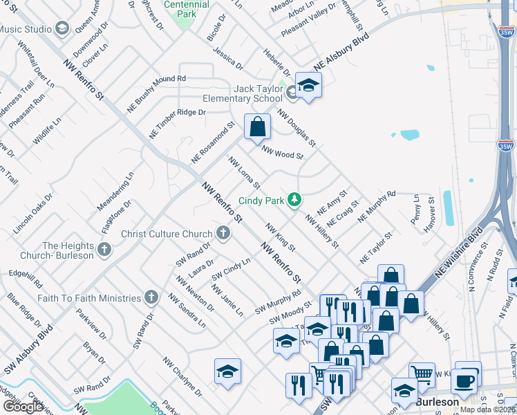 map of restaurants, bars, coffee shops, grocery stores, and more near 629 Northwest Lorna Street in Burleson