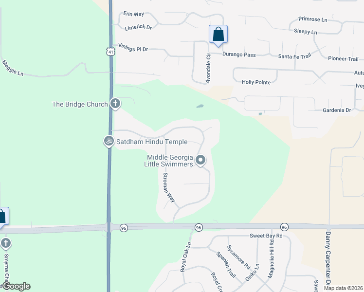 map of restaurants, bars, coffee shops, grocery stores, and more near 108 Rachael Lane in Warner Robins