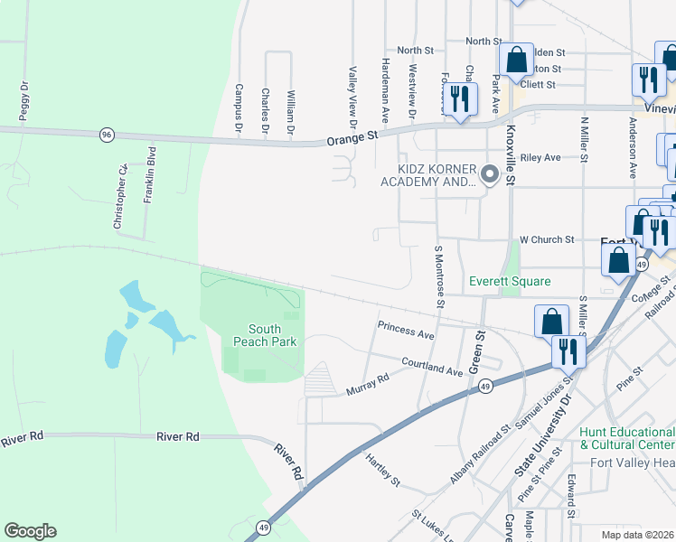 map of restaurants, bars, coffee shops, grocery stores, and more near 312 Warwick Avenue in Fort Valley