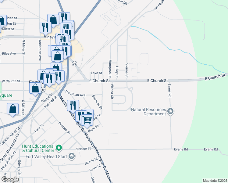 map of restaurants, bars, coffee shops, grocery stores, and more near 200 Valley Drive in Fort Valley
