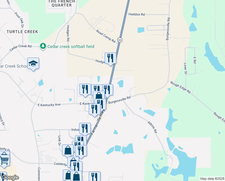 map of restaurants, bars, coffee shops, grocery stores, and more near 2251 Farmerville Highway in Ruston