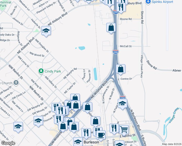 map of restaurants, bars, coffee shops, grocery stores, and more near 432 Hanover Street in Burleson