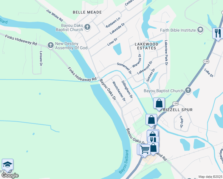 map of restaurants, bars, coffee shops, grocery stores, and more near 424 Bayou Oaks Drive in Monroe