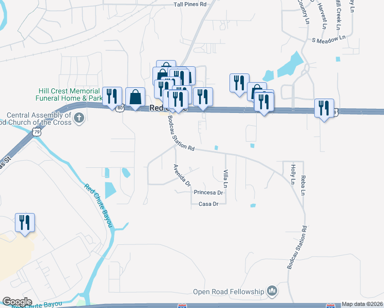 map of restaurants, bars, coffee shops, grocery stores, and more near 242 Bodcau Station Road in Haughton