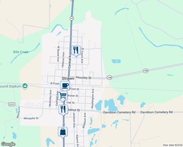 map of restaurants, bars, coffee shops, grocery stores, and more near 221 Woodlawn Avenue in Strawn