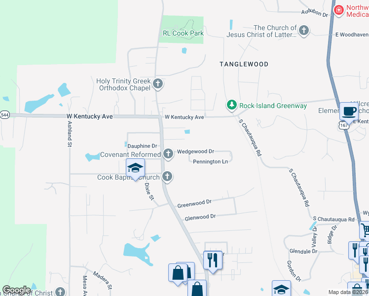 map of restaurants, bars, coffee shops, grocery stores, and more near 1104 Wedgewood Drive in Ruston