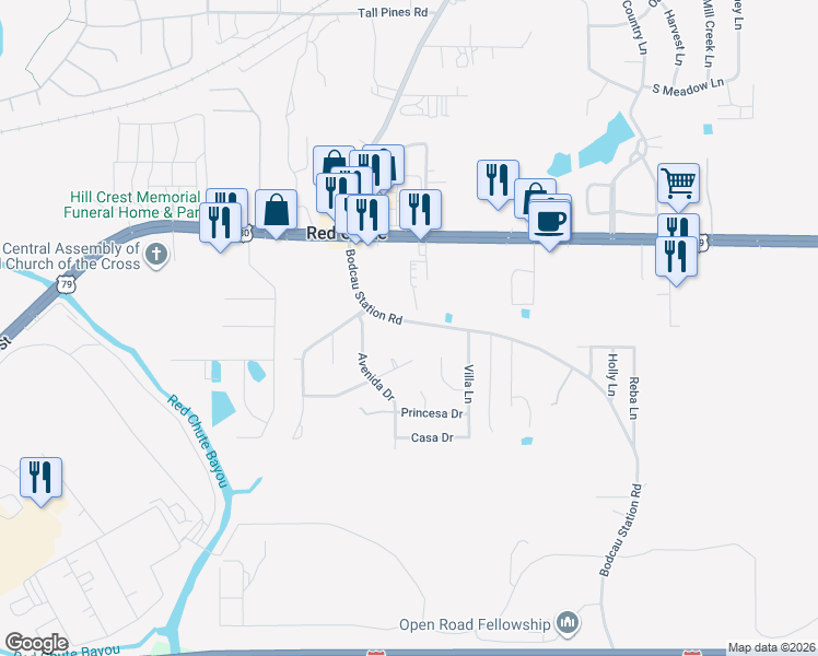 map of restaurants, bars, coffee shops, grocery stores, and more near 242 Bodcau Station Road in Haughton