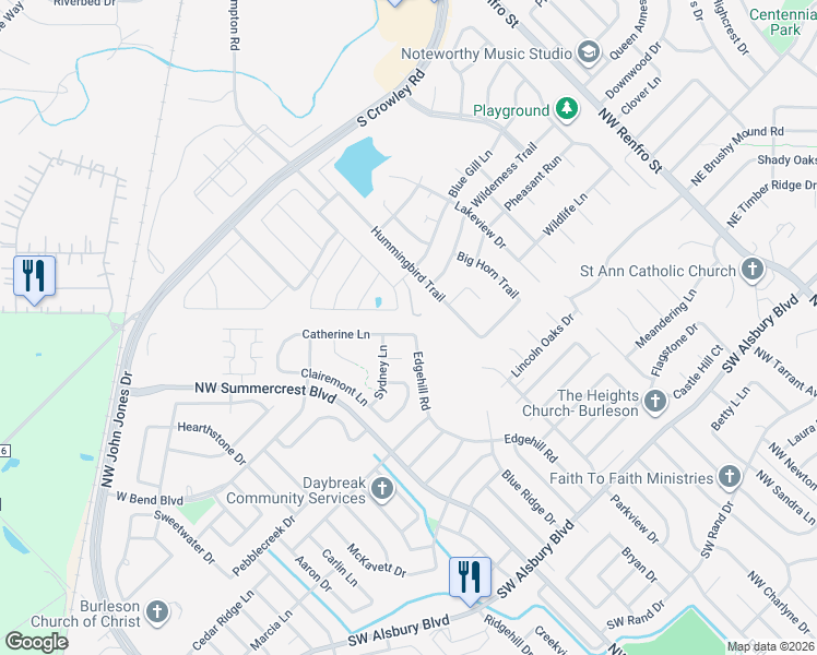 map of restaurants, bars, coffee shops, grocery stores, and more near 1200 Catherine Lane in Burleson