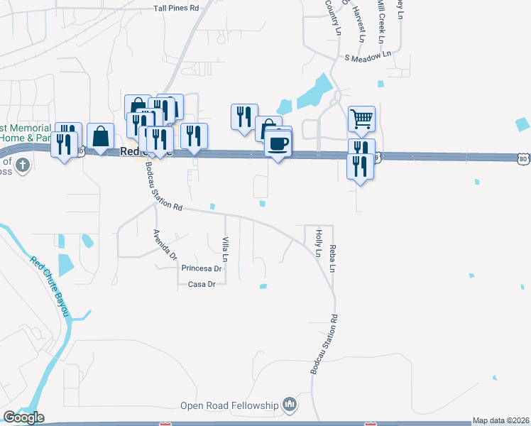 map of restaurants, bars, coffee shops, grocery stores, and more near 393 Bodcau Station Road in Haughton