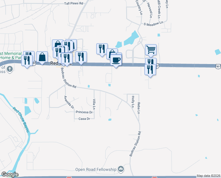 map of restaurants, bars, coffee shops, grocery stores, and more near 393 Bodcau Station Road in Haughton