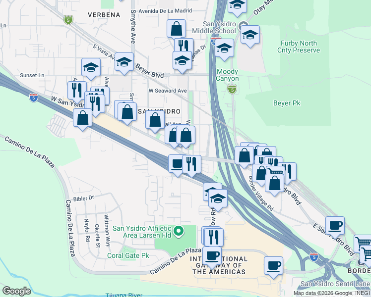 map of restaurants, bars, coffee shops, grocery stores, and more near 115 West Park Avenue in San Diego