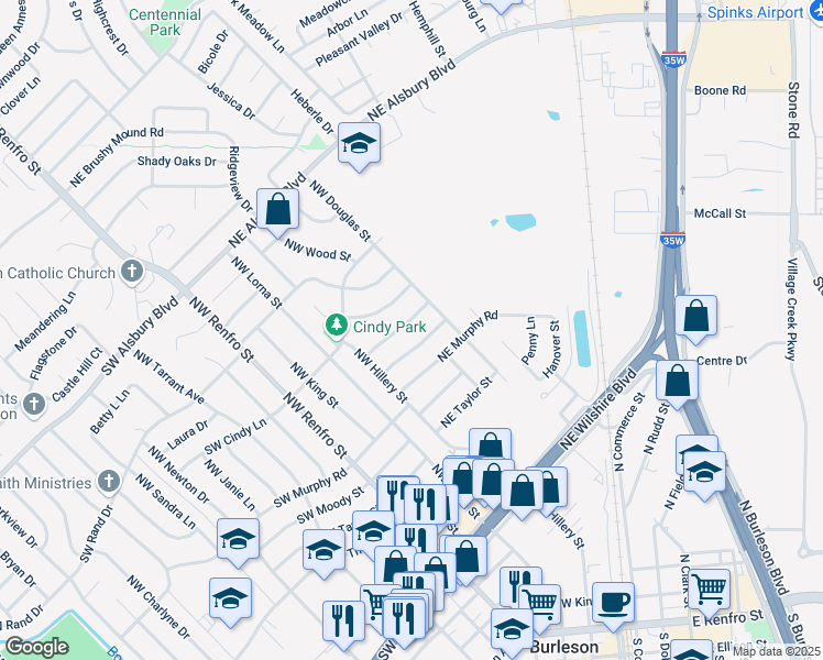 map of restaurants, bars, coffee shops, grocery stores, and more near 242 NE Amy St in Burleson