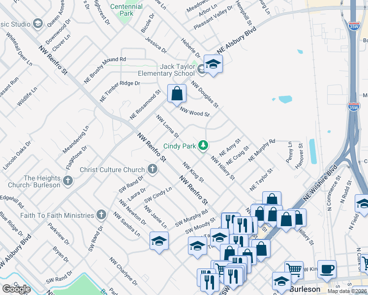 map of restaurants, bars, coffee shops, grocery stores, and more near 629 Northwest Lorna Street in Burleson