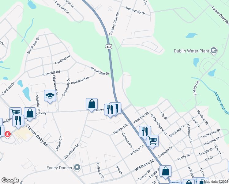 map of restaurants, bars, coffee shops, grocery stores, and more near 1130 North Jefferson Street in Dublin