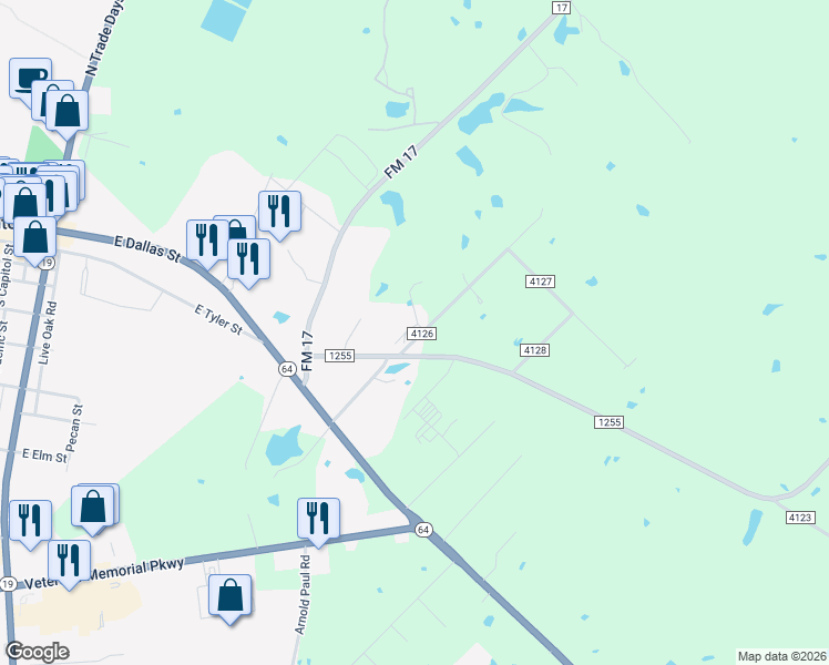 map of restaurants, bars, coffee shops, grocery stores, and more near 361 County Road 4126 in Canton