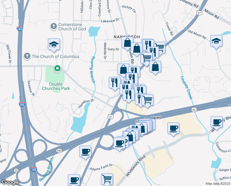 map of restaurants, bars, coffee shops, grocery stores, and more near 7325 Fortson Road in Columbus