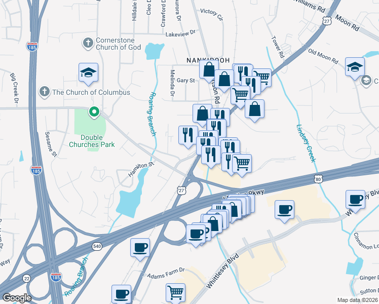 map of restaurants, bars, coffee shops, grocery stores, and more near 7325 Fortson Road in Columbus