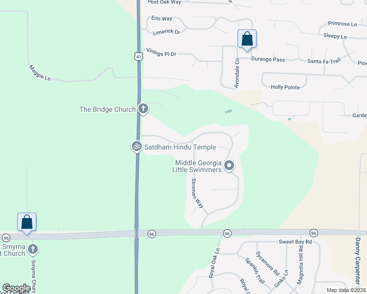 map of restaurants, bars, coffee shops, grocery stores, and more near 425 Brantley Ridge in Warner Robins
