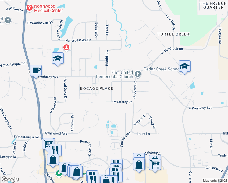 map of restaurants, bars, coffee shops, grocery stores, and more near 2200 Winchester Drive in Ruston