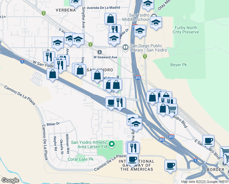 map of restaurants, bars, coffee shops, grocery stores, and more near 115 West Park Avenue in San Diego