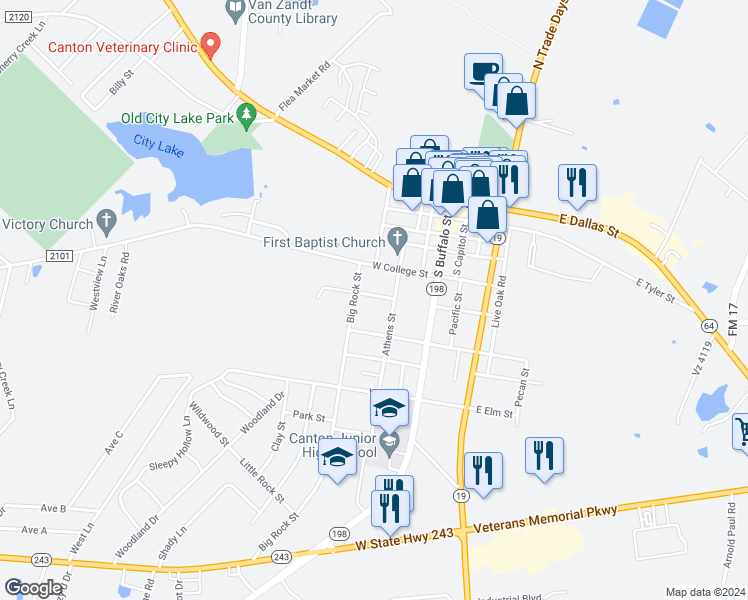 map of restaurants, bars, coffee shops, grocery stores, and more near 403 Prairieville Street in Canton