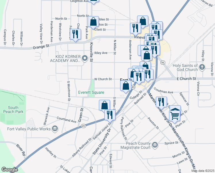 map of restaurants, bars, coffee shops, grocery stores, and more near 304 Central Avenue in Fort Valley