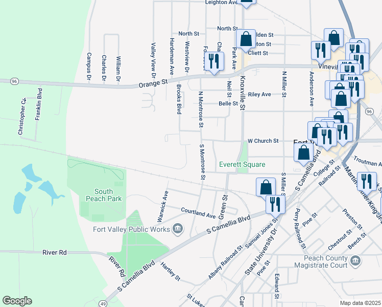 map of restaurants, bars, coffee shops, grocery stores, and more near 205 Brooks Boulevard in Fort Valley