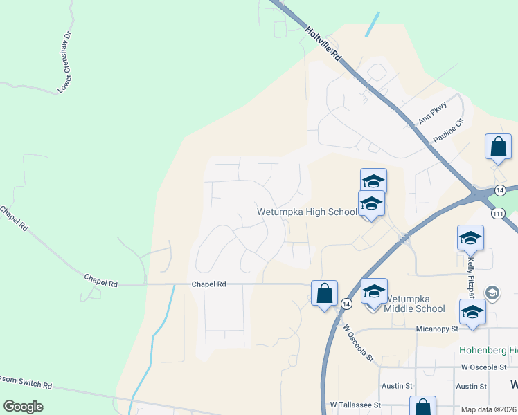 map of restaurants, bars, coffee shops, grocery stores, and more near 176 Barnes Court in Wetumpka