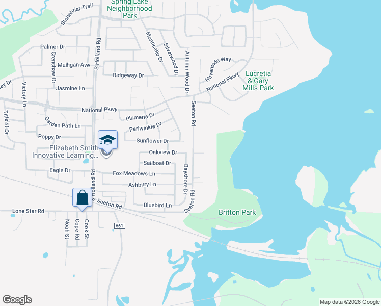 map of restaurants, bars, coffee shops, grocery stores, and more near 701 Bayshore Drive in Mansfield